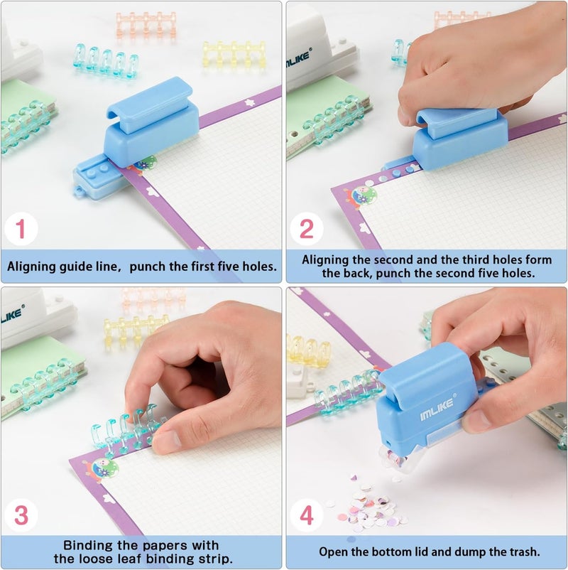 IMLIKE Mini 5-Hole Binding Machine - 5 Holes Binding Machine with 16 Loose-Leaf Binding Strips - Easy to Add or Remove Papers, 4 Sheets Capacity (A4/30 Holes, B5/26 Holes, A5/20 Holes) - Blue - Image 3